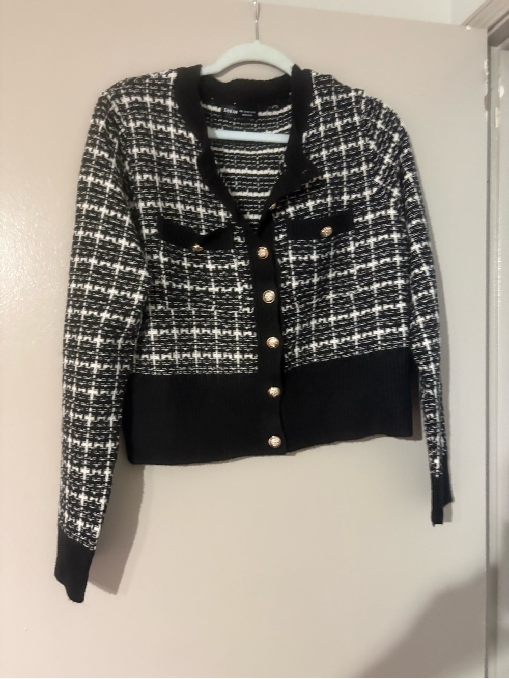 Black & White Tweed Knit Button-Front Jacket